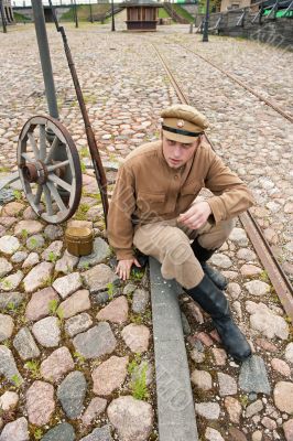 Retro style picture with resting soldier.