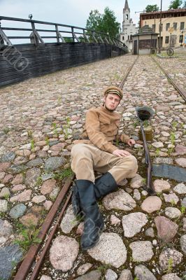Retro style picture with resting soldier.
