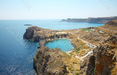 Aerial view on St. Paul`s bay in Lindos 