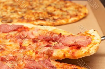 Tasty italian pizza with bacon and cheese