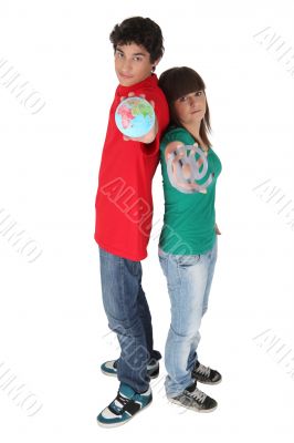 Teenagers with globe and at sign in hands