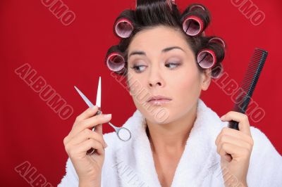 Woman styling hair