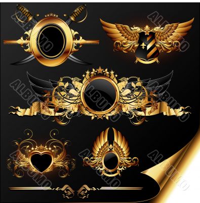 set of ornamental golden heraldic elements 