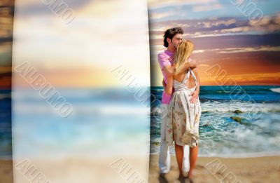 Portrait of young couple in love embracing at beach and enjoying