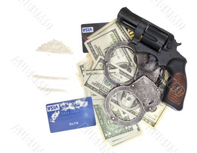 drugs, gun and money isolated on white background