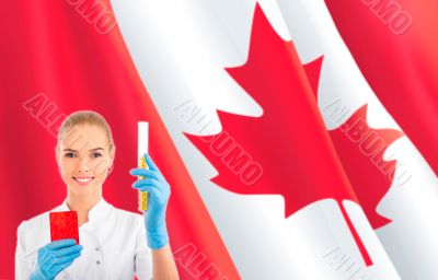 Portrait of female doctor or scientist showing and analyzing liq