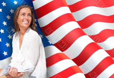 Portrait of pretty young woman holding book in her arms. USA Fla