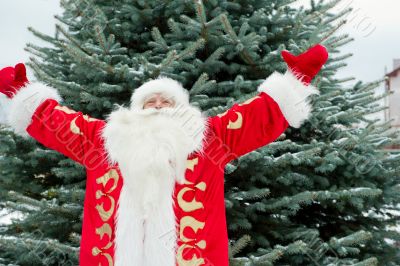Portrait of Santa Claus standing with open hands outdoors at chr