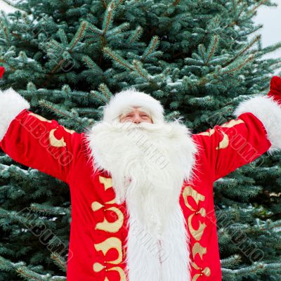 Portrait of Santa Claus standing with open hands outdoors at chr