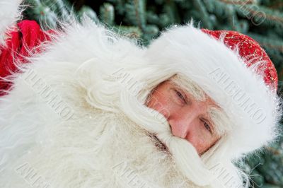 Portrait of Santa Claus standing with hand on chin outdoors at c