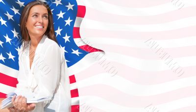 Portrait of pretty young woman holding book in her arms. USA Fla