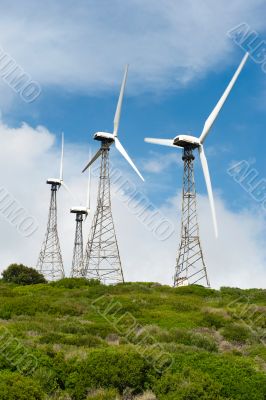 Beautiful green meadow with Wind turbines generating electricity