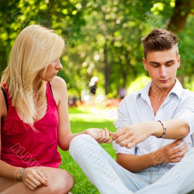 Portrait of three young teenagers laughing and having fun togeth