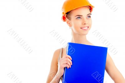 Portrait of a beautiful woman with orange helmet