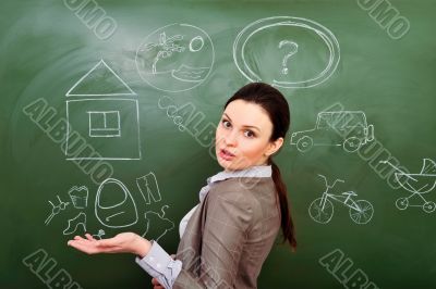 Closeup portrait of young woman thinking of her plans using gree