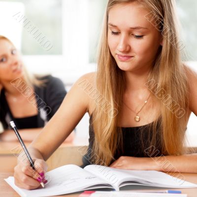 Portrait of a young group of students paying attention in class.