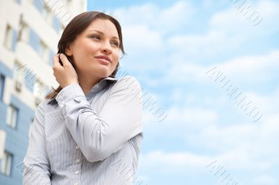 Closeup portrait of cute young business woman smiling