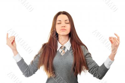 Portrait of young pretty student girl over white background medi