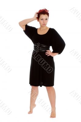 Young girl in black dress on white backgroung
