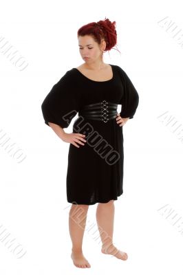 Young girl in black dress on white backgroung