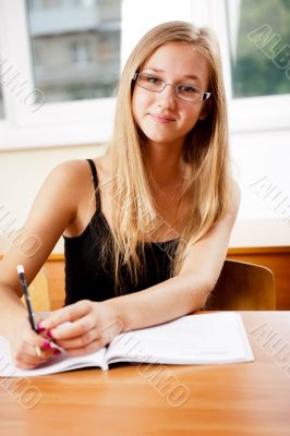 A portrait of a caucasian race school student at classroom