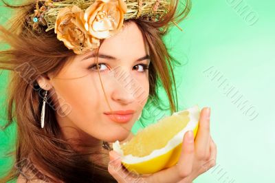 Closeup fashion portrait of pretty young woman wearing dress and