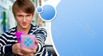 Portrait of young man inside shopping mall sitting relaxed on co