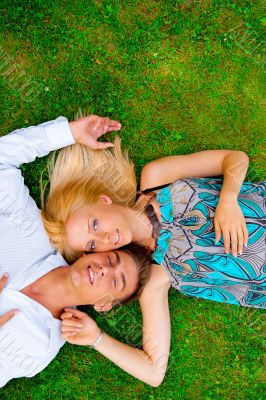 A portrait of a sweet couple in love. Photo from above. Horizont