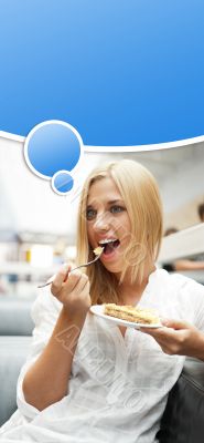 Portrait of young pretty smiling woman eating cake at shopping m