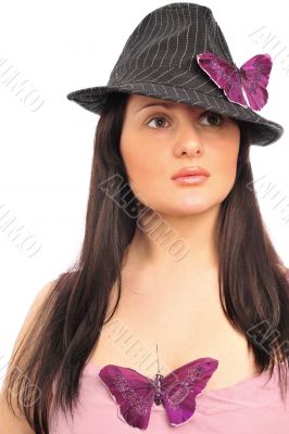 Closeup portrait of young woman in hat