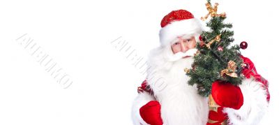 Christmas theme: Santa Claus holding christmas tree and his bag 