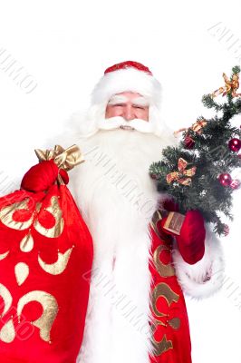 Christmas theme: Santa Claus holding christmas tree and his bag 