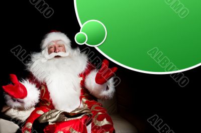 Santa sitting with a sack indoor at dark night room