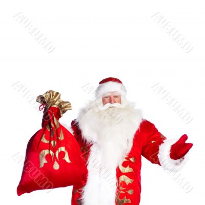 Santa Claus standing up on white background with his bag full of
