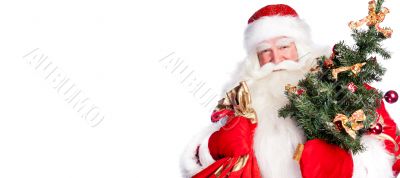 Christmas theme: Santa Claus holding christmas tree and his bag 