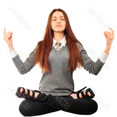Portrait of young pretty student girl over white background medi