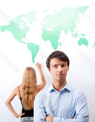 Geography lesson. Adult teacher giving presentation on white boa