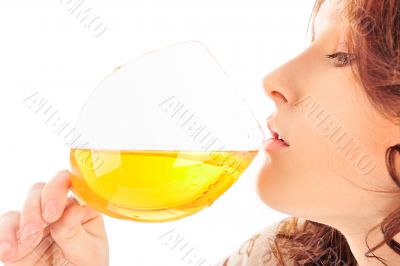 Cute redhead american style woman quenches her thirst with a  co