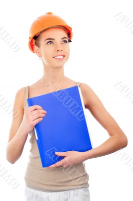 Portrait of a beautiful woman with orange helmet