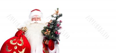 Christmas theme: Santa Claus holding christmas tree and his bag 