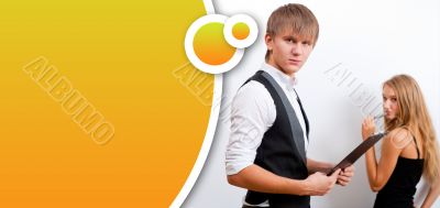 Beautiful students making presentation on white board. Blank bal