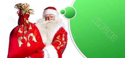 Santa Claus standing up on white background with his bag full of