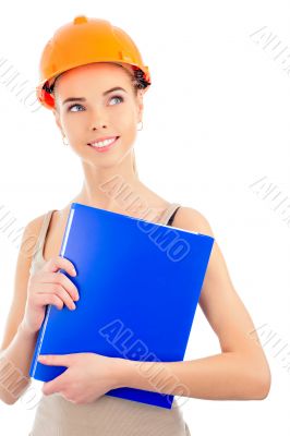 Portrait of a beautiful woman with orange helmet