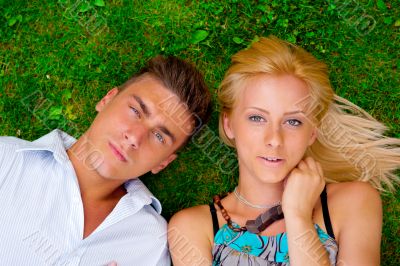 A portrait of a sweet couple in love. Photo from above. Horizont