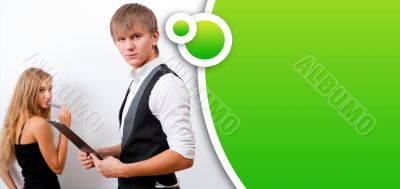 Beautiful students making presentation on white board. Blank bal