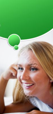 Portrait of beautiful smiling woman on bed at bedroom watching t