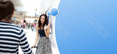 Young man meeting his girlfriend with opened arms at airport arr