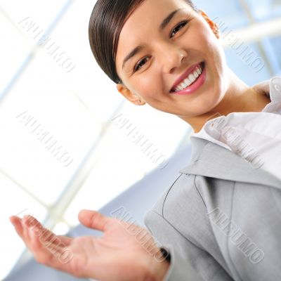 Closeup portrait of cute young business woman smiling