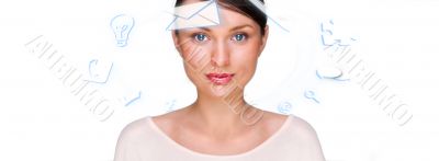 A businesswoman with icons floating around her head. Portrait of