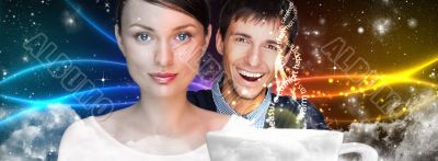 Closeup portrait of adult couple standing together. Big white cu